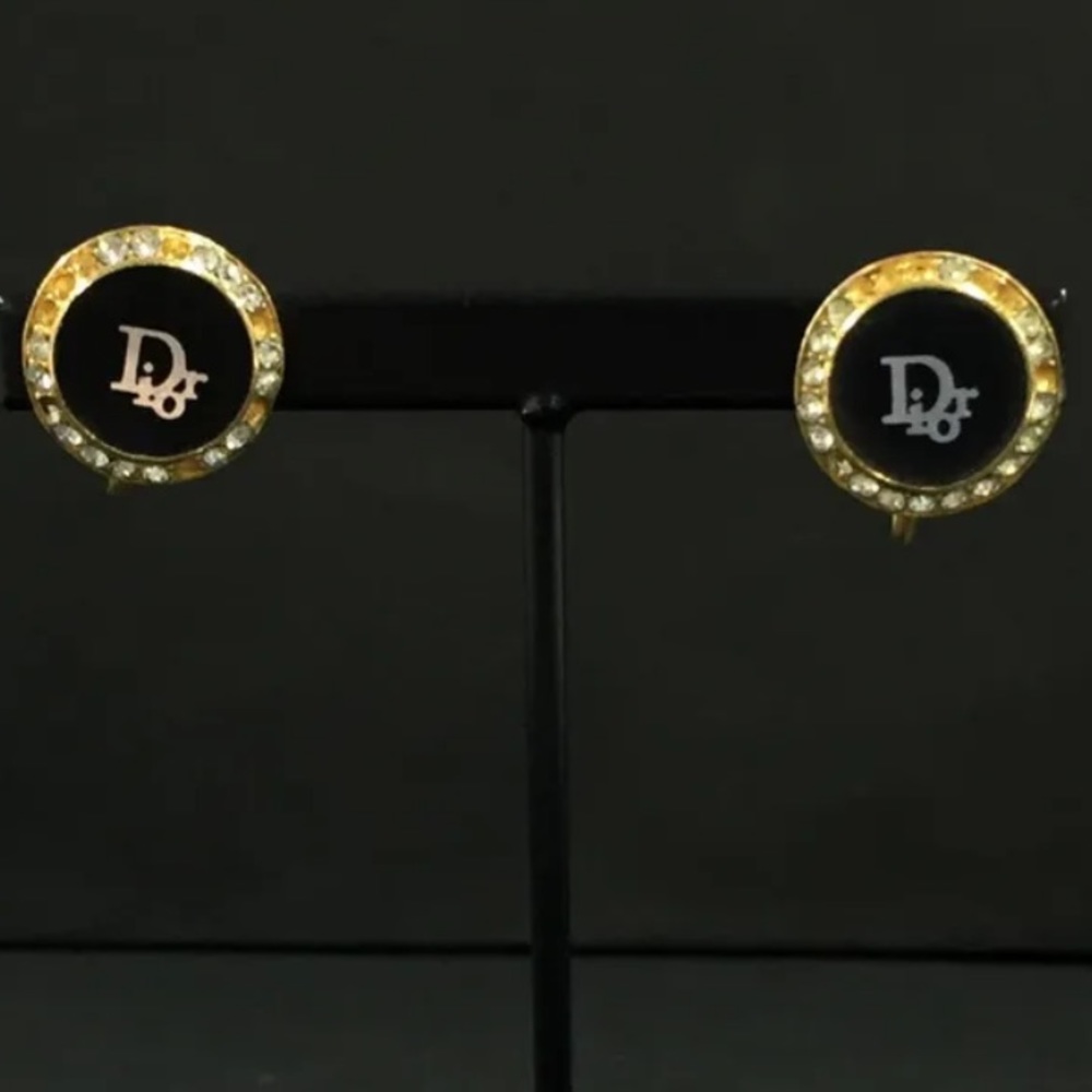 Christian Dior Rhinestone Logo Gold Tone Clip On Earrings - Missing Rhinestones